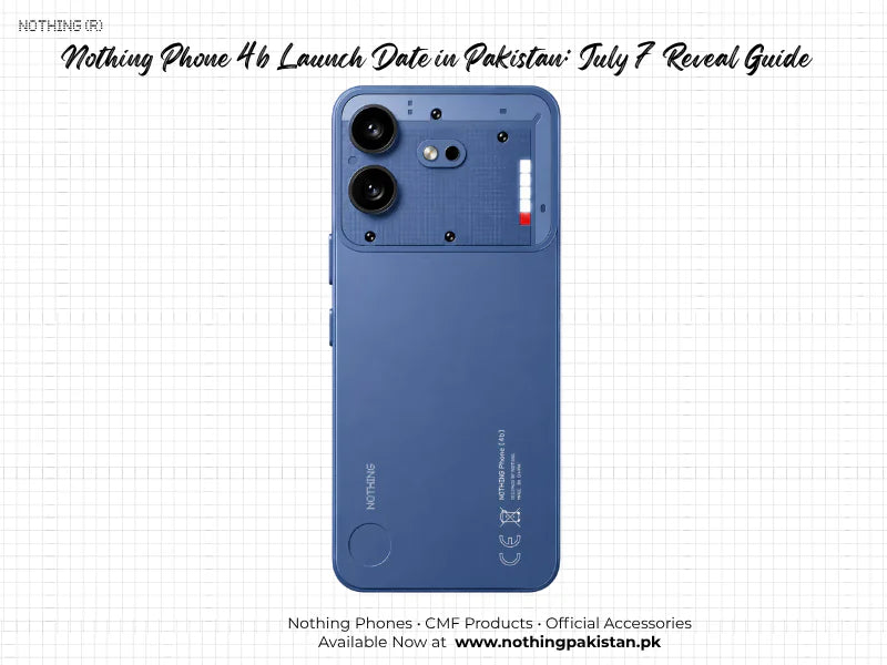 Editorial artwork showing a blue Nothing Phone 4b for a Pakistan launch timeline