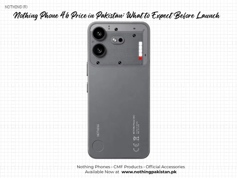 Editorial artwork showing a grey Nothing Phone 4b for a Pakistan price guide