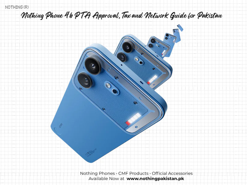 Editorial concept artwork showing a blue Nothing Phone 4b for a Pakistan PTA and network guide