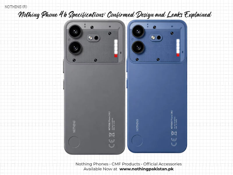Editorial artwork showing grey and blue Nothing Phone 4b rear designs for a specifications fact-check