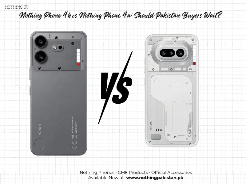 Editorial comparison artwork showing Nothing Phone 4b beside Nothing Phone 4a