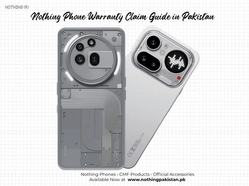 Editorial artwork showing two Nothing phones for a Pakistan warranty claim guide