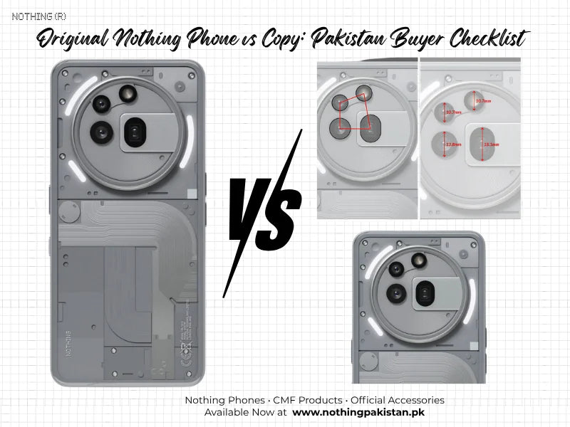 Editorial comparison graphic illustrating visual inspection of a Nothing Phone camera and rear design